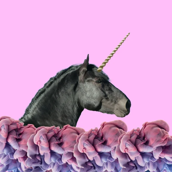 Collage Arte Contemporáneo Unicornio Caballo Negro Sobre Fondo Rosa — Foto de Stock