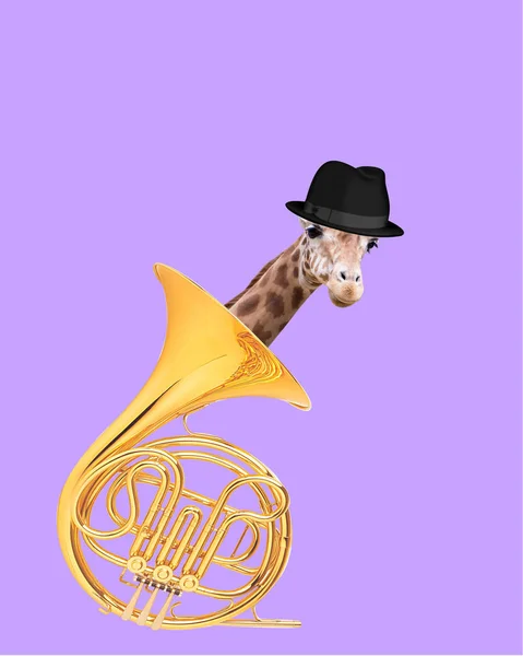 Kolase Seni Kontemporer Jerapah Dengan Topi Mengintip Keluar Saksofon — Stok Foto