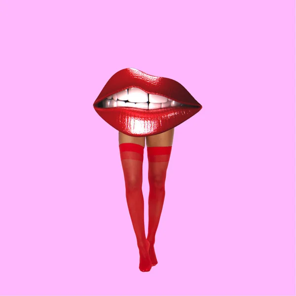 Kontemporer Art Collage Concept Lips Dengan Kaki — Stok Foto