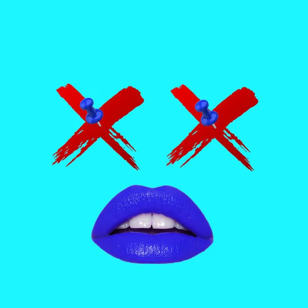 Contemporary Art Collage Crossed Eyes Blue Lips — Stock Photo, Image