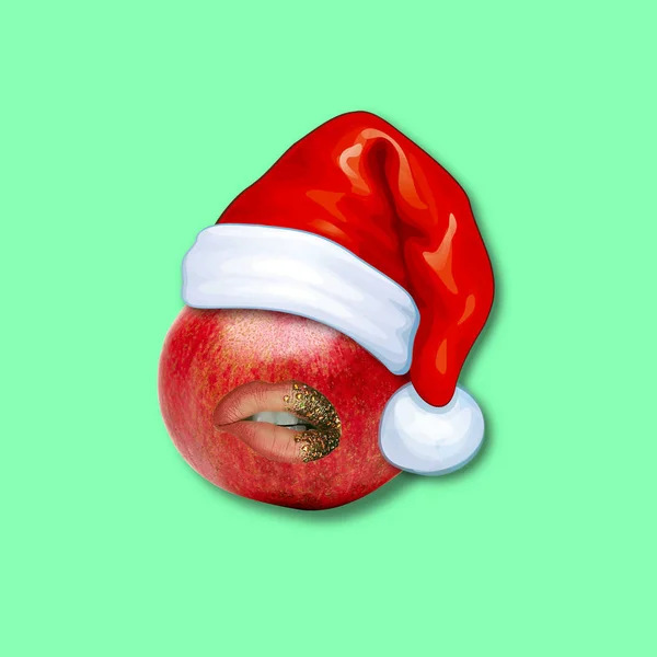 Dekorasi Natal Buah Delima Dengan Bibir Dan Topi Xmas — Stok Foto