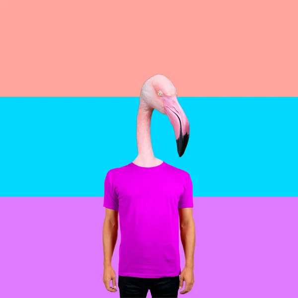 Kortárs Művészeti Kollázs Rózsaszín Flamingó Fej Ember — Stock Fotó