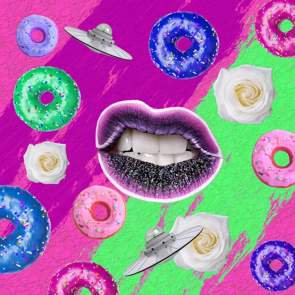 Hedendaagse Kunst Collage Lippen Rozen Donuts Kleurrijke Achtergrond — Stockfoto