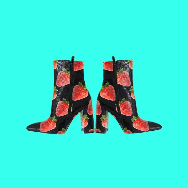 Contemporary Art Collage Concept Strawberry Boots — Stock Photo, Image