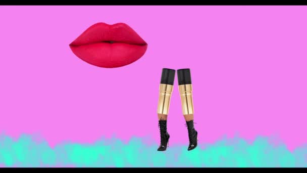 Stop Beweging Animatie Ontwerp Concept Lippenstift Benen Roze Backgroound — Stockvideo