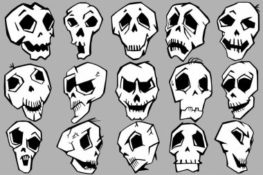 Kafatasları karikatür grafik tasarım farklı duygular içinde siyah ve beyaz ile karıştırın.