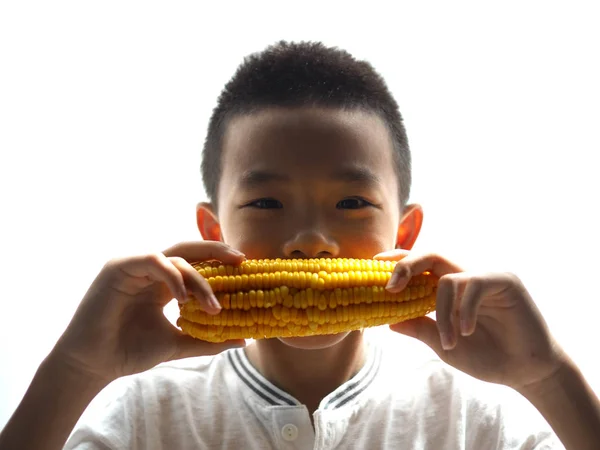 Closeup Asian Boy Face Eating Yellow Corn Selected Focus — Stock Photo, Image