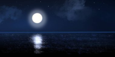 Güzel dolunay yansıması sessiz Okyanusu koyu mavi gökyüzü arka plan ve bazı yıldız üzerinde gösterimi.