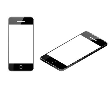 Beyaz arka planda ekranda bir parlama ile siyah akıllı telefon. Boş ekranlı telefonla dalga geç, isometry. Izole