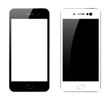 Beyaz arka planda ekranda flaş lı siyah beyaz akıllı telefon. Boş ekranlı telefonla alay edin. Yalıtılmış Vektör Çizimi