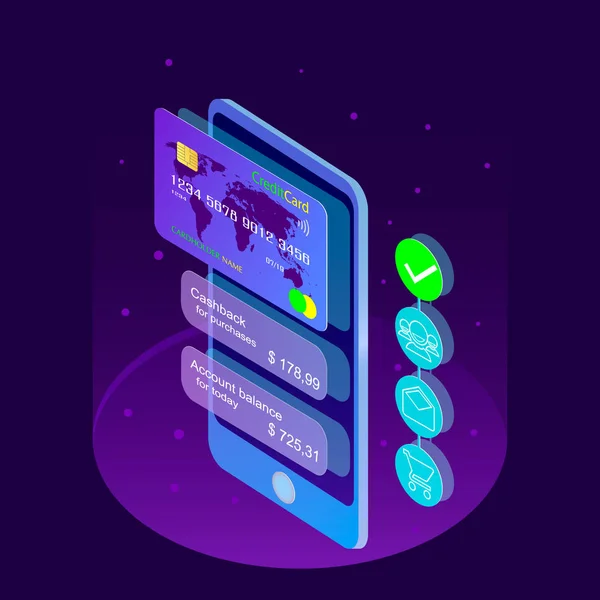 Parlak, kredi kartı ile mor arka plan akıllı telefonlar için online alışveriş isometrik kavramı. Çevrimiçi alışveriş yapma.