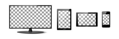 Tv ekran monitörü, izole arka planda gölge ve parlama ile monitör, boş ekran, cep telefonu, boş ekranlı akıllı telefon ve tablet, gerçekçi vektör çizimi