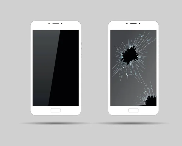 Broken Broken White Phone Crack Screen Gray Background Shadow — Stock Vector