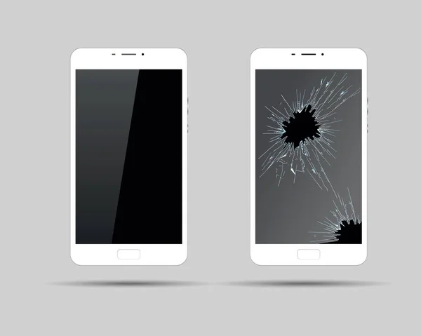 Bir gölge ile gri bir arka plan üzerinde ekranda bir çatlak ile kırık kırık beyaz telefon