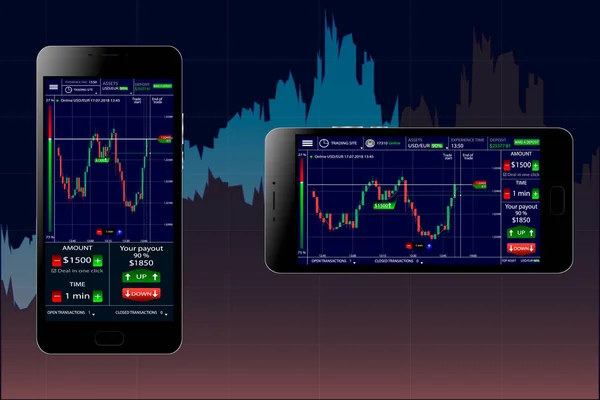 Grafiklerin arka planda Hud elemanları ile modern siyah telefon, borsa elemanları