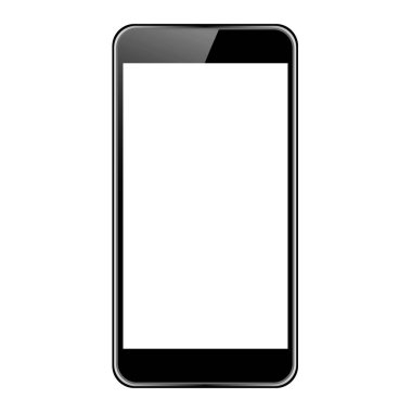 Beyaz arka planda parlama ve boş ekrana sahip siyah akıllı telefon. Boş ekranlı telefonun düzeni.