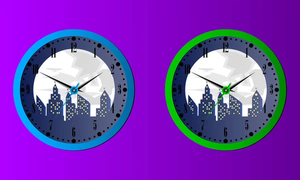 Zestaw Niebieskich Zielonych Zegarów Ściennych Obrazem Tarczy Fioletowym Tle Ilustracja — Wektor stockowy