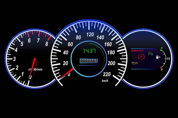 Car Dashboard Snelheidsmeter Tachometer Kilometerteller Temperatuur Brandstof Sensor Vector Illustratie — Stockvector