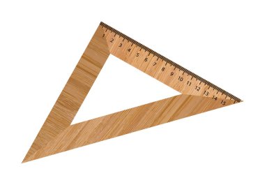 Beyaz arka plan, kırtasiye, vektör illüstrasyon üçgen ahşap cetvel.