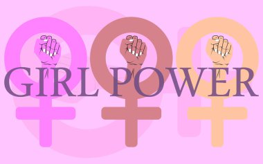Feminist hareketin sembolü. Kadın hakları için savaşıyor. Kadın eliyle yumruğu yukarı kaldır. Kız Gücü. Mutlu Kadınlar Günü konsepti