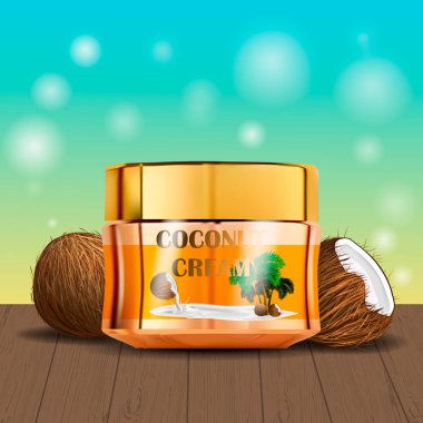 Gölgeler, hindistan cevizi, gerçekçi vektör illüstrasyon ile soyut bir arka plan üzerinde bir kavanozda Hindistan cevizi krem