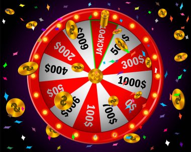 Siyah arka plan üzerinde tekerlek servet kırmızı, 3 d rulet, gerçekçi vektör illüstrasyon