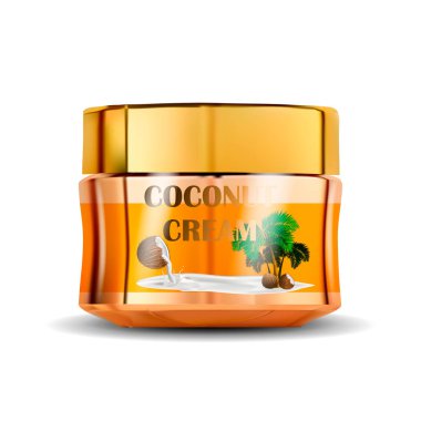 Gölge, gerçekçi vektör illüstrasyon ile beyaz arka plan üzerinde kavanozda Hindistan cevizi krem