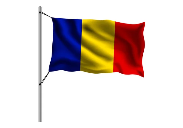 Ondeando Bandera Rumania Sobre Asta Bandera Sobre Fondo Aislado Bandera — Vector de stock