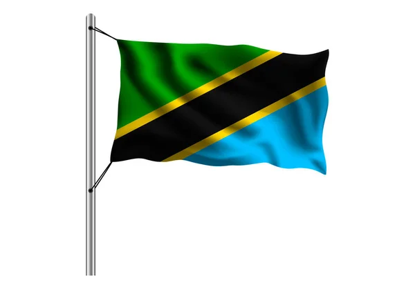 Izole Arka Planda Bayrak Direğine Tanzanya Bayrağı Sallamak Tanzanya Bayrağı — Stok Vektör