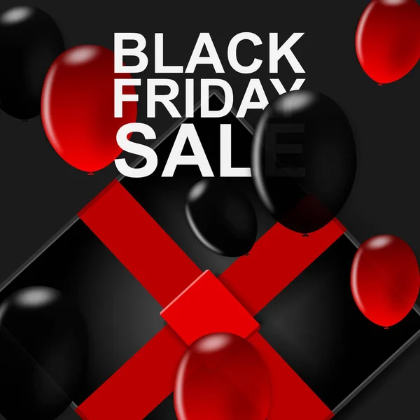 stock vector Black Friday sale, gift on black background, modern sale banner with red and black balls, vector illustration