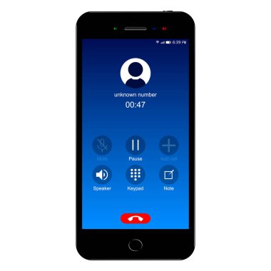 Telefon görüşmeleri ekran arayüzü, arama ve konuşma şablonu, izole arka plan üzerinde siyah akıllı telefon, vektör illüstrasyon