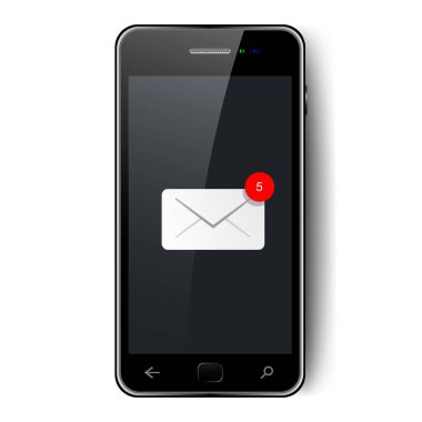 İşaret fişeği ve gölgesi olan siyah telefon, e-posta konsepti, gelen mesaj, vektör illüstrasyonu