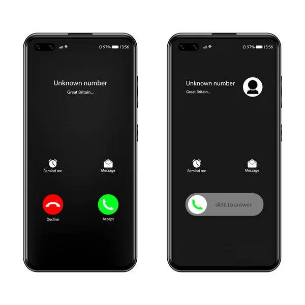 Realistické Černé Smartphone Izolovaném Pozadí Call Screen Call Interface Příchozí — Stockový vektor