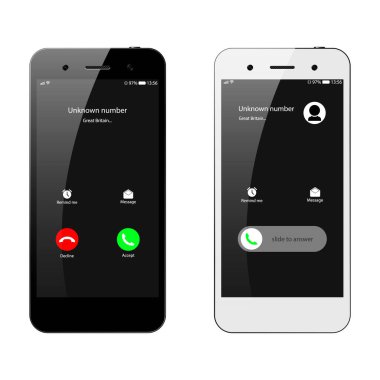 İzole edilmiş arka planda gerçekçi siyah beyaz akıllı telefon, ekranı ara, arayüzü ara, akıllı telefon ekranından gelen arama, vektör illüstrasyonuName