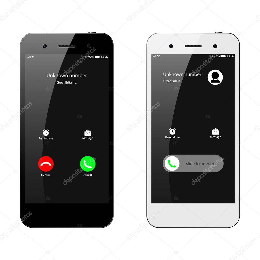 Realistic black and white smartphone on isolated background, call screen, call interface, incoming call on smartphone screen, vector illustration