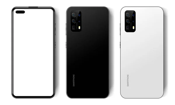 Gerçekçi siyah ve beyaz modern akıllı telefon, boş ekran, model telefon, izole edilmiş arkaplanda ön ve arka görünüm, vektör illüstrasyonu