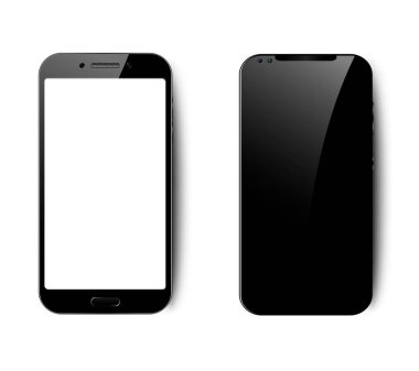 Beyaz izole edilmiş arka planda, boş siyah beyaz ekranlı iki akıllı telefon seti, vektör illüstrasyonu