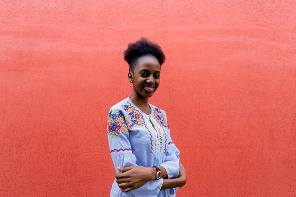 Happy Beautiful African American Red Wall — Stock Photo, Image