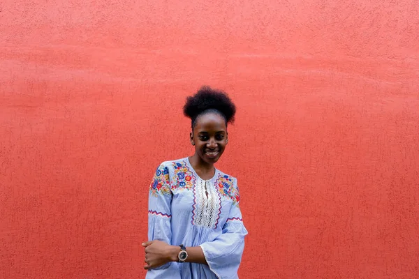 Die Schöne Afroamerikanerin Gegen Die Rote Wand — Stockfoto