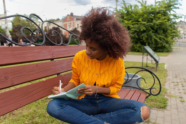 Mujer Hermosa Feliz Afroamericana Parque Toma Notas Cuaderno — Foto de Stock