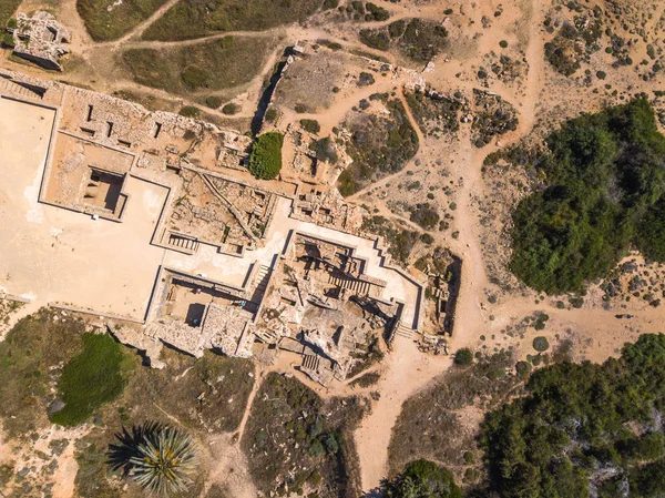 Aerial of Ancient Greek ruins archaeological excavation area in Paphos, Cyprus. Tomb o Kings