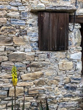 Ahşap kapalı pencere ve sarı çiçek açan çiçek ile Akdeniz tarzında eski taş tuğla duvar