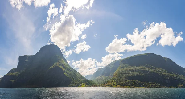 Norwegian fjord panorama. Aurlandsfjord fjord landscape from the water