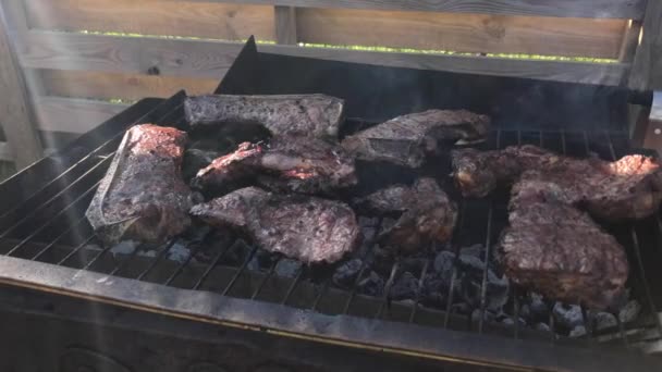 Cooking Beef Steaks Barbecue Grill — Stock Video