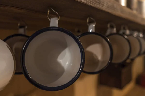 Vintage Aluminium Cups Hanging Shelf — Stock Photo, Image