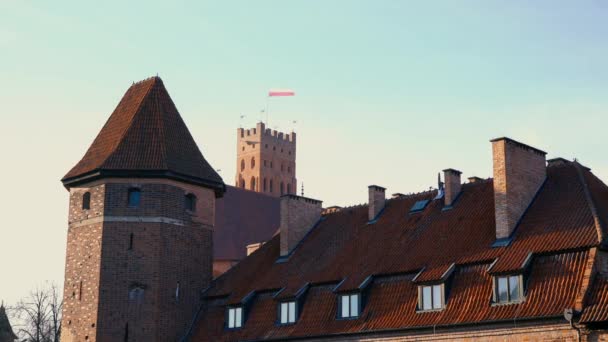 Polish National Flag Flying Medieval Teutonic Knights Castle Malbork — Stock Video