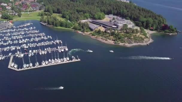 Lucht Vlucht Boven Oslo Fjord Marina Zomertijd — Stockvideo