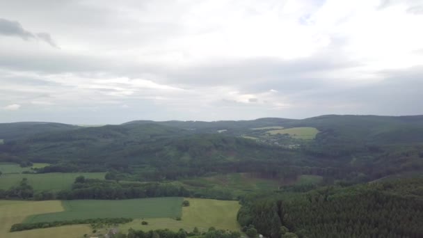 Aerial Moravian Landscape Lowering See Bouzov Castle — Stock Video