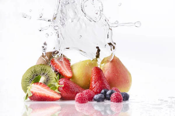 Wave Clear Water Falling Varied Colorful Fruits White Background — Stock Photo, Image