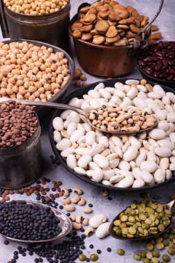 Farklı kırsal metal kaselerde, gri dokulu arka planda, protein açısından zengin ham ve renkli baklagiller var.